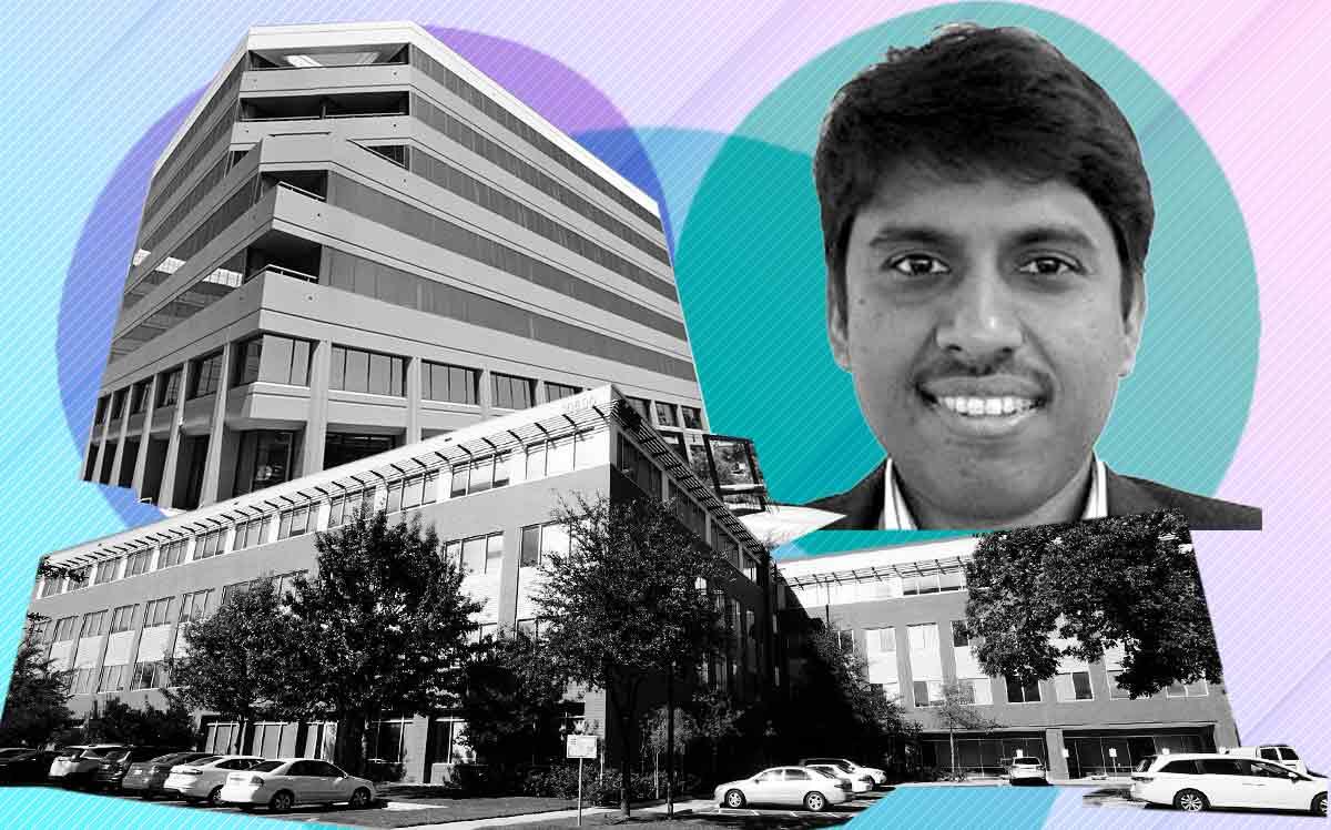 Mondee co-founder and ceo Prasad Gundumogula with Mondee’s old HQ at 951 Mariners Island Blvd Ste 130 in San Mateo and Mondee’s new HQ at 10800 Pecan Park Blvd. #315 in Austin, TX (LinkedIn, Google Maps, Loopnet, Illustration by The Real Deal with Getty)