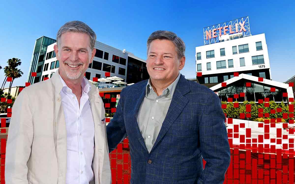 Netflix co-CEOs Ted Sarandos and Reed Hastings and Netflix office at 1375 Vine Street (Google Maps, Getty)