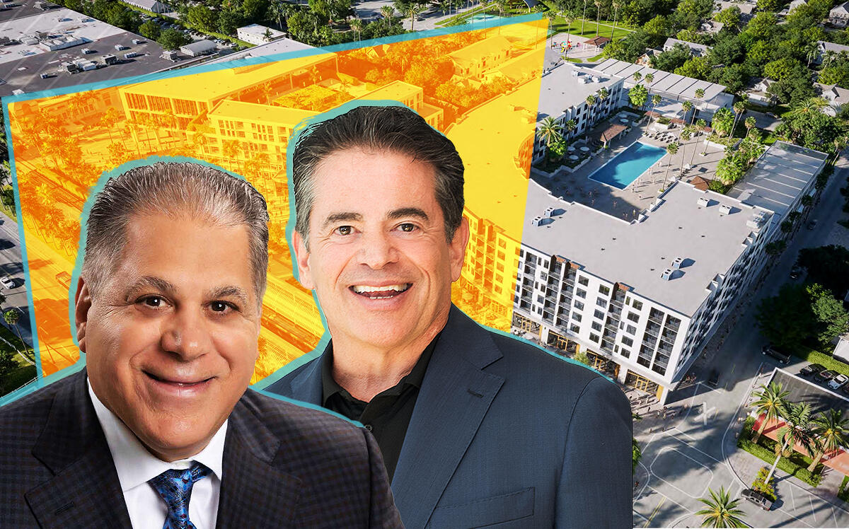 Falcone Group's Art Falcone and Kaufman Lynn Construction's Michael Kaufman with renderings of the Oakland Park redevelopment (Falcone Group, Kaufman Lynn Construction, Illustration by Priyanka Modi for The Real Deal with Getty)