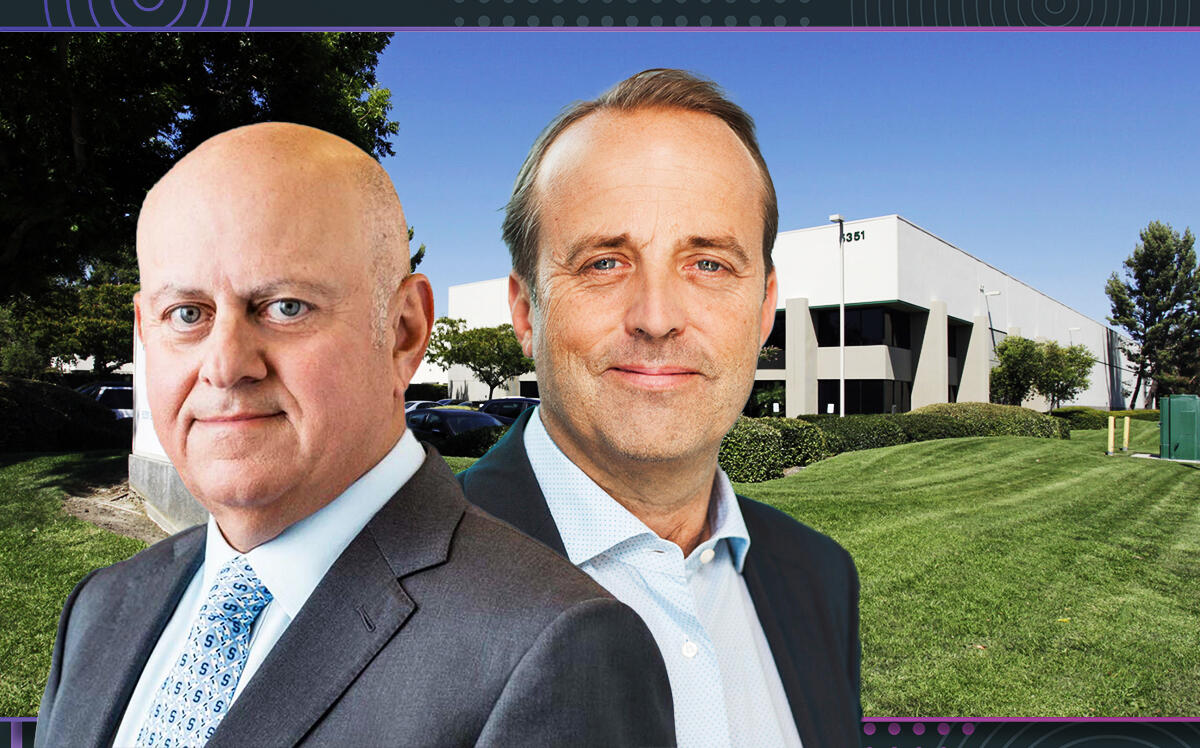 Prologis ceo Hamid Moghadam and DHL Supply Chain ceo Oscar de Bok with 5351 Jurupa Street (Prologis, Supply Chain Digital, Loopnet, Illustration by The Real Deal with Getty)