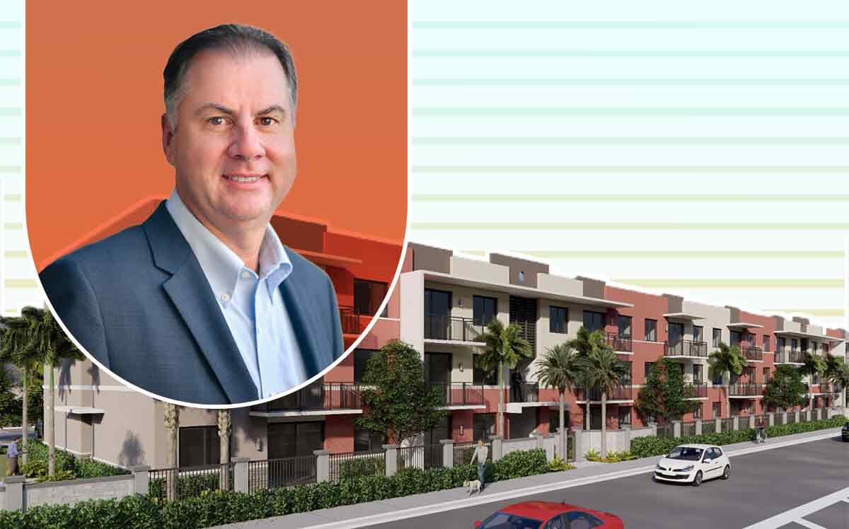 Rendering of the Resia Old Cutler workforce apartment complex in south Miami-Dade County with Resia’s CEO and President Ernesto Lopes (LinkedIn, Resia, illustration by The Real Deal with Getty)