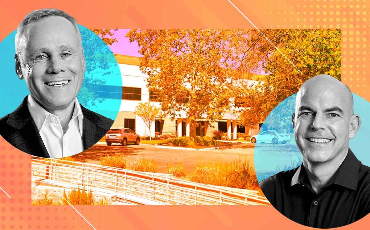Rexford CEOs Howard Schwimmer and Michael Frankel with recent acquisition at 3935-3949 Heritage Oak Court in Simi Valley (Rexford Industrial, Google Maps, Illustration by The Real Deal with Getty)