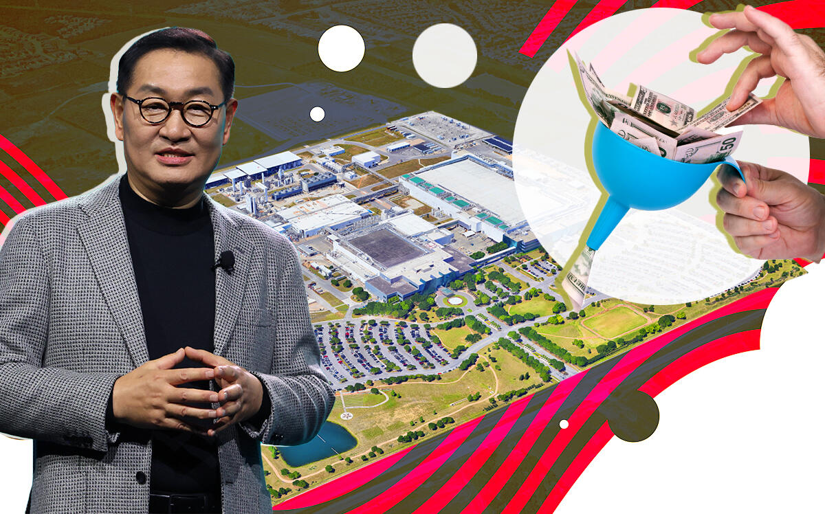 Samsung Electronics Inc. Vice Chairman and CEO Jong-Hee Han with 12100 Samsung Blvd. in Austin, TX (Google Maps, Illustration by Priyanka Modi for The Real Deal with Getty)
