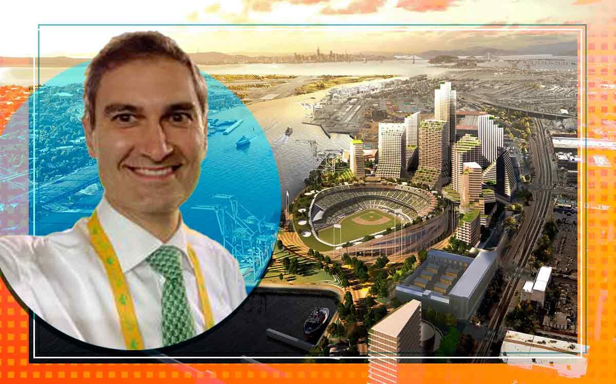 Rendering of new stadium project at Howard Terminal, Port of Oakland with Oakland A's president Dave Kaval (BKF Engineers, GSB.Stanford.edu)