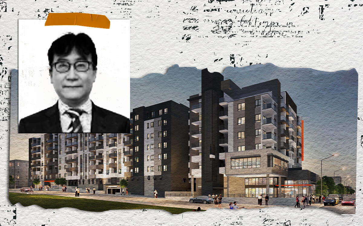 Dae Yong Lee and a rendering of the new apartment complex in Westlake (LA City Planning, Illustration by Priyanka Modi for The Real Deal with Getty)