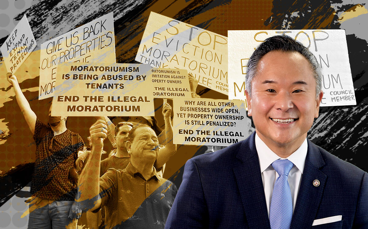 Protests outside of City Hall and Councilmember John Lee (Andrew Asch, Councilmember John Lee, Illustration by Priyanka Modi for The Real Deal with Getty)