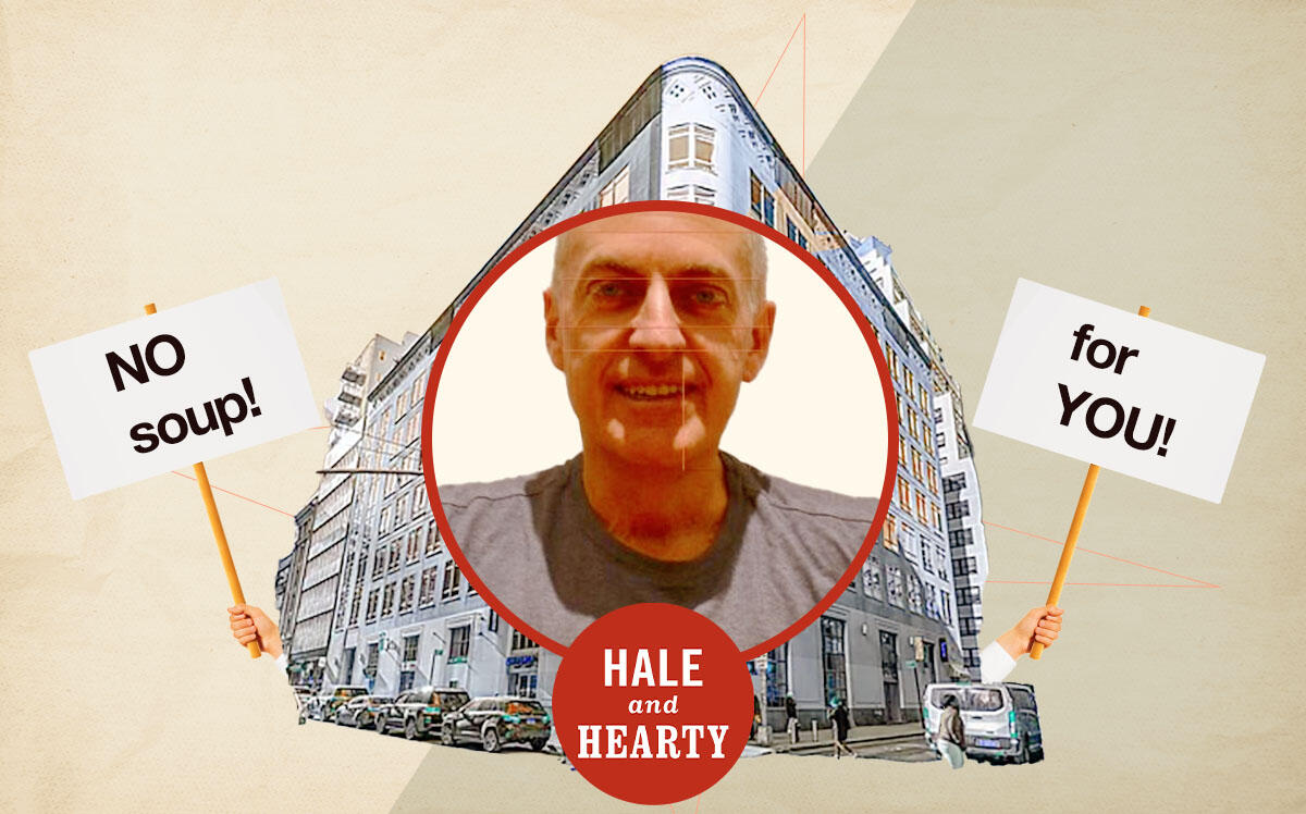 Hale and Hearty's Simon Jacobs and 111 Fulton Street (LinkedIn, Hale and Hearty, Getty, Streeteasy)