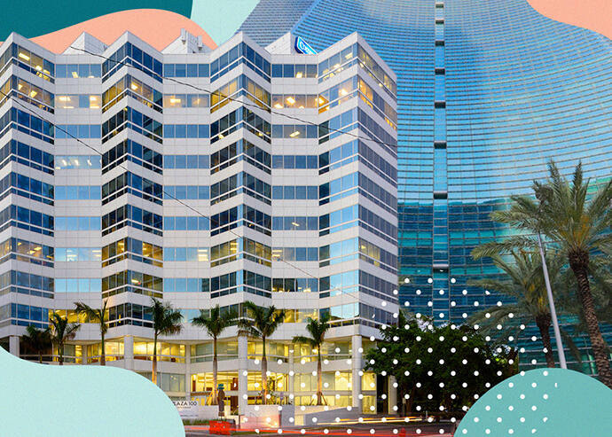 Plaza 100 building and the Brickell Arch office tower (JLL, Brickell Arch, iStock)