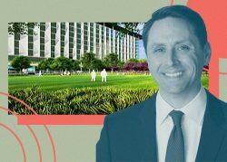 KDC's David Fisk with rendering of planned Las Colinas development (KDC)