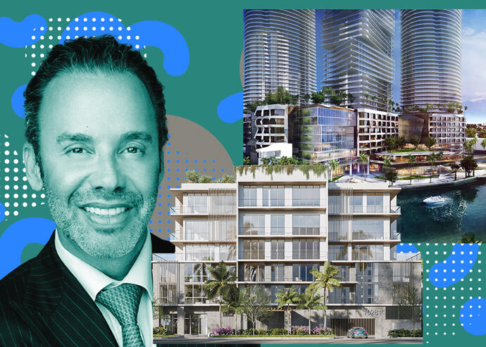 Douglas Elliman CEO Jay Parker with a rendering of Clara Bay Harbor and Chetrit Group’s project in the Miami River district (right) (Clara Homes, Douglas Elliman)