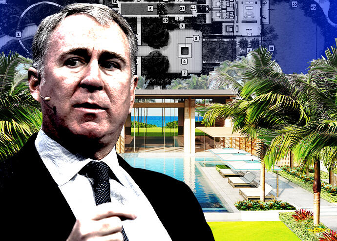 Ken Griffin, CEO of Citadel LLC, along with a rendering of his planned oceanfront estate in Palm Beach (Getty Images, Citadel LLC, iStock)