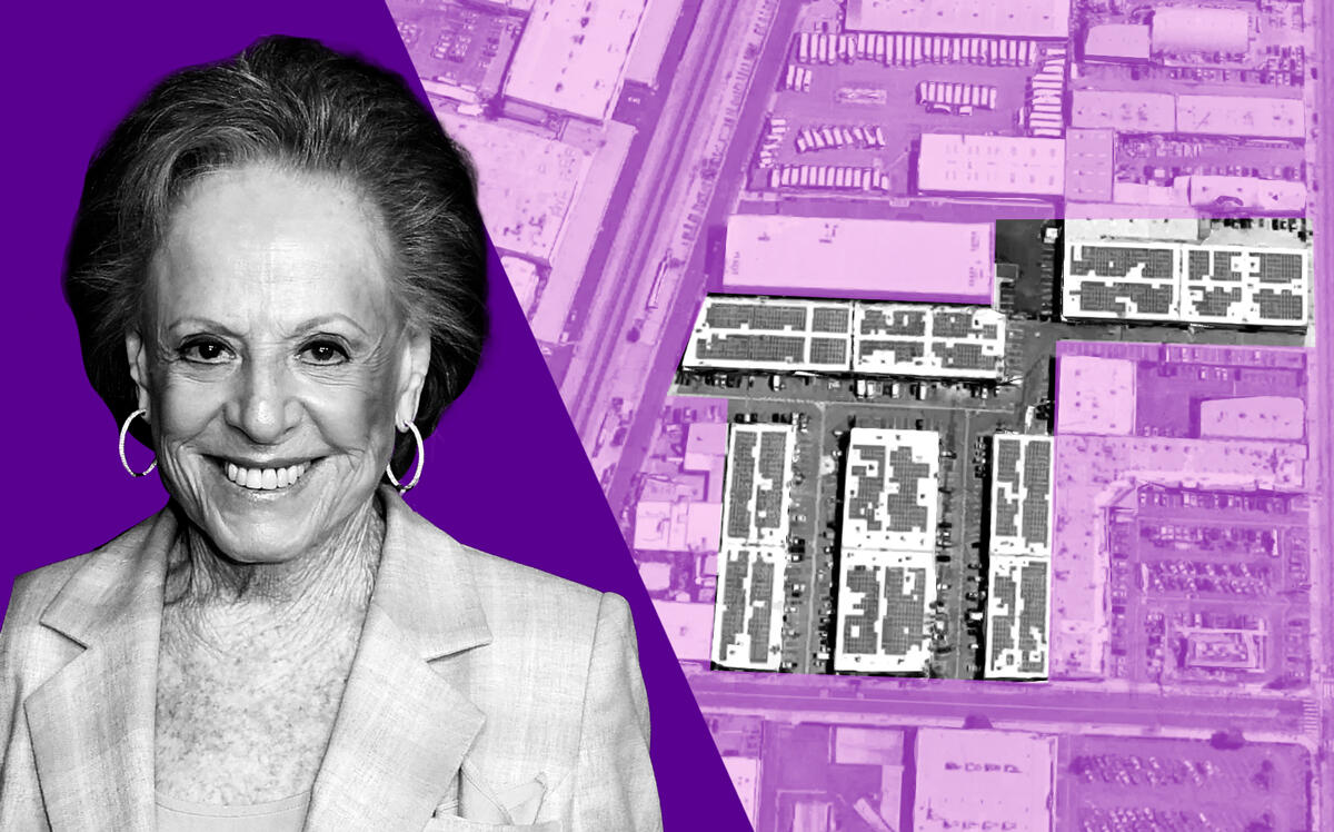 Joyce Eisenberg Keefer of the The Ben B. and Joyce E. Eisenberg Foundation and an aerial of the Sherman Way Industrial Center (Getty, Google Maps)