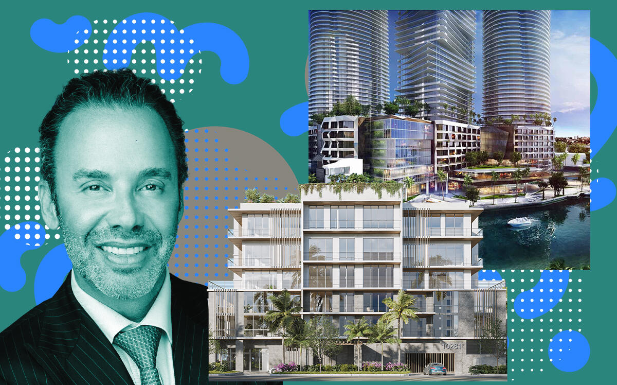 Douglas Elliman CEO Jay Parker with a rendering of Clara Bay Harbor and Chetrit Group’s project in the Miami River district (right) (Clara Homes, Douglas Elliman)