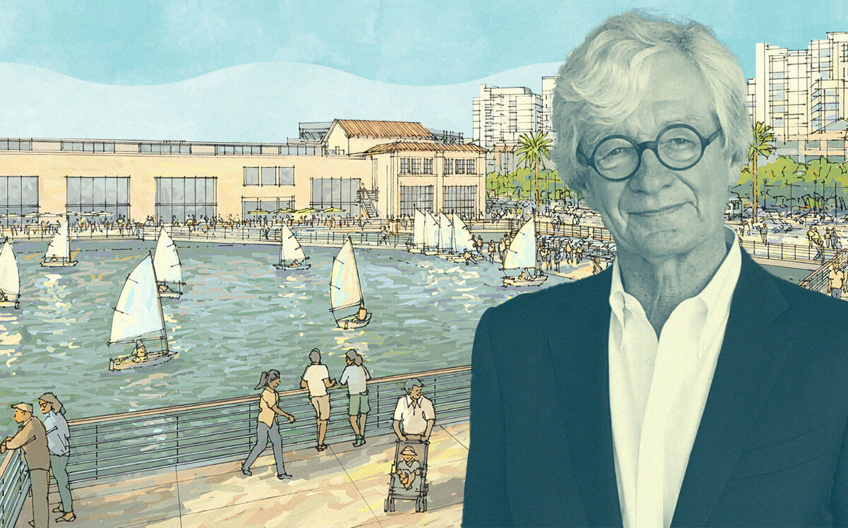 Pacific Waterfront's Simon Snellgrove with rendering of Pier 38-40 project (Pacific Waterfront Partners, PWP, iStock)
