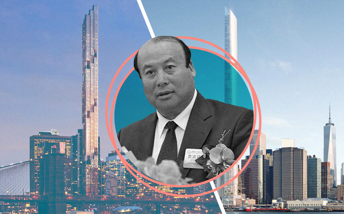 Oceanwide Holding’s Lu Zhiqiang and renderings of 80 South Street (LinkedIn, ATCHAIN)
