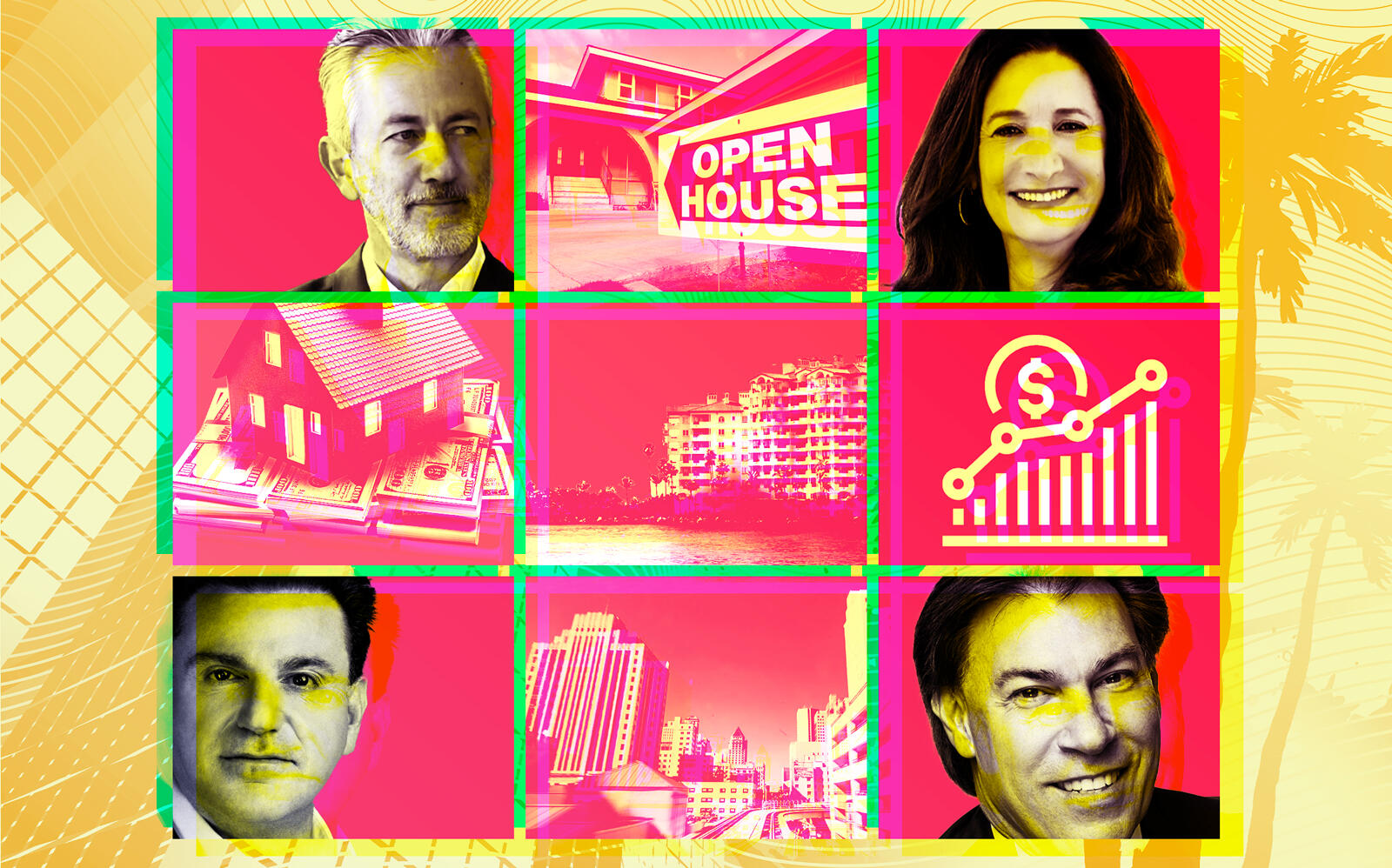 Clockwise from top left: One Sotheby’s Jorge Uribe, Compass' Ida Schwartz, Fortune International Group's Edgardo Defortuna and Royal Palm Companies' Dan Kodsi (Illustration by Kevin Rebong for The Real Deal)