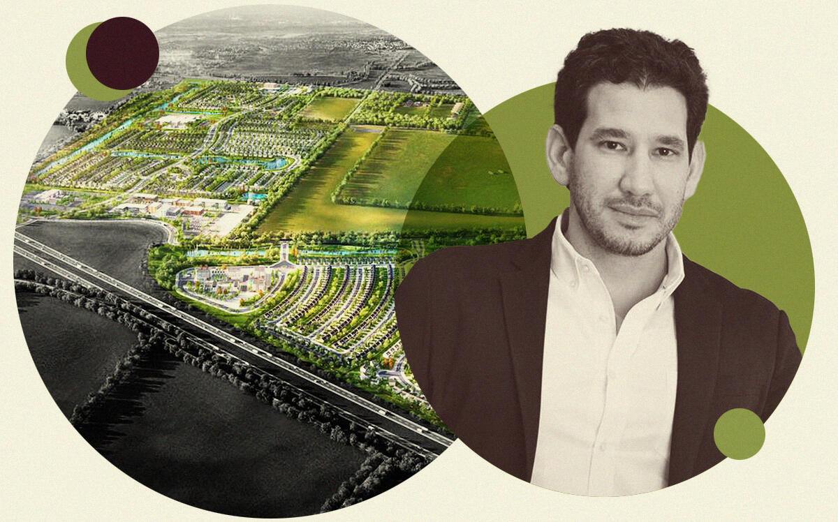 Maple's Itiel Kaplan with rendering of proposed Pecan Ranch (Maple Development Group)
