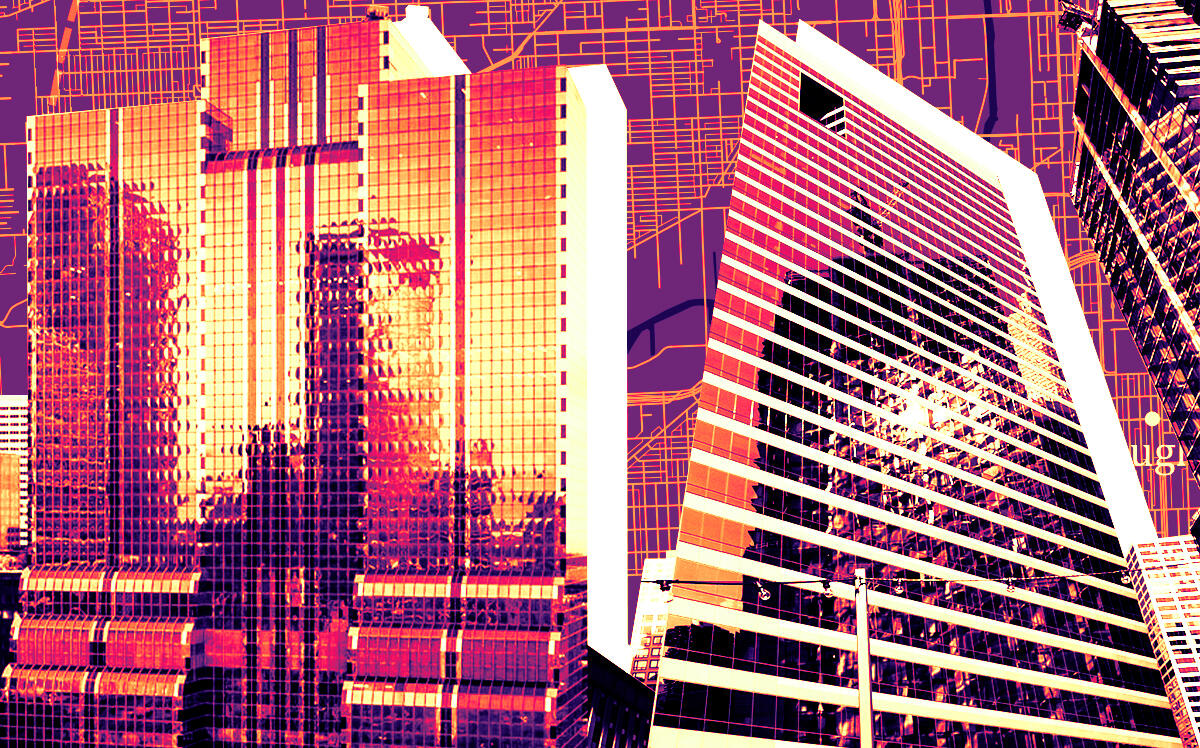 From left: A photo illustration of 515 North State Street and Accenture Tower (LoopNet, FiveOneFive, iStock)