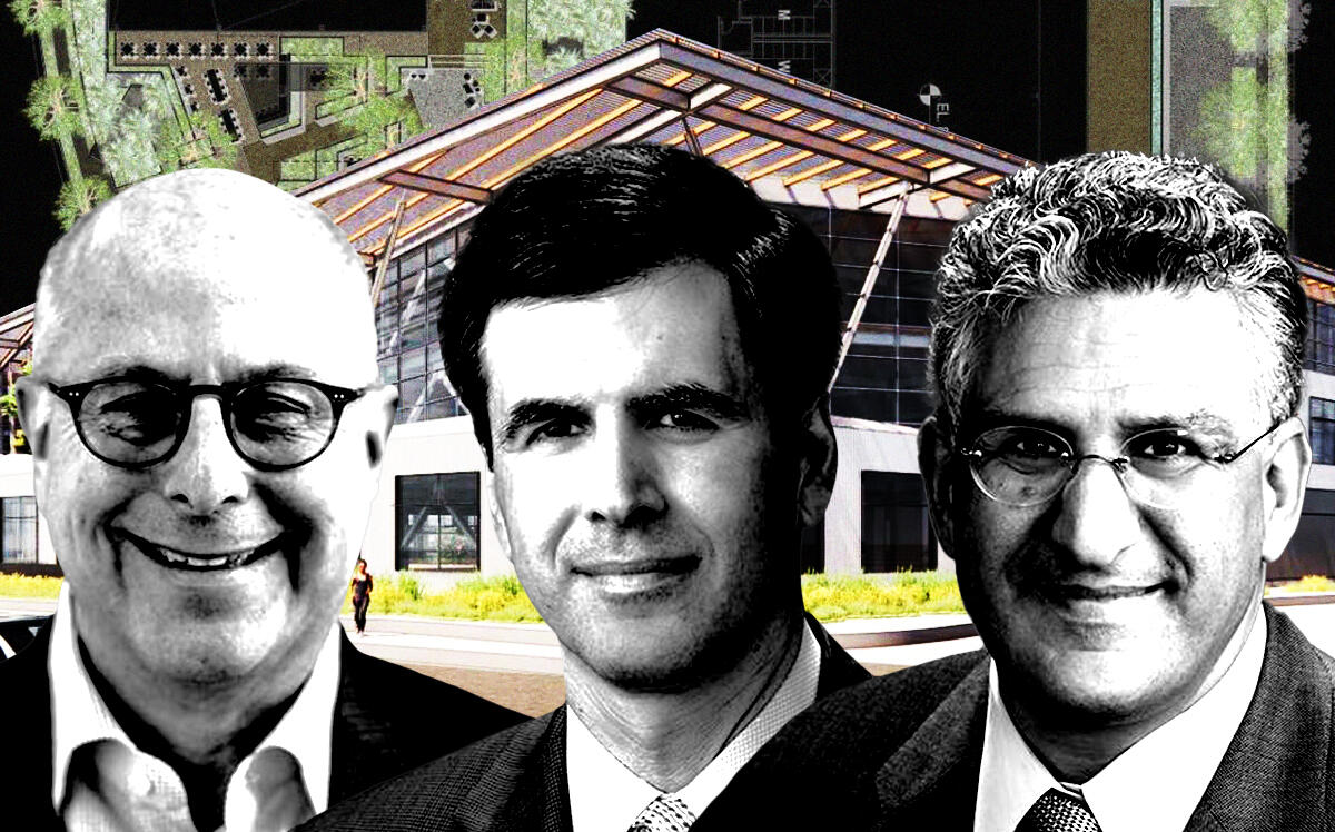 From left: Hackman Capital Partners' CEO Michael Hackman; IDS Real Estate Group's co-CEOs David Mgrublian and Murad Siam; a rendering of 863-8635 Hayden Place in Culver City (IDS Real Estate Group, Hackman Capital Partners, Gensler, iStock)