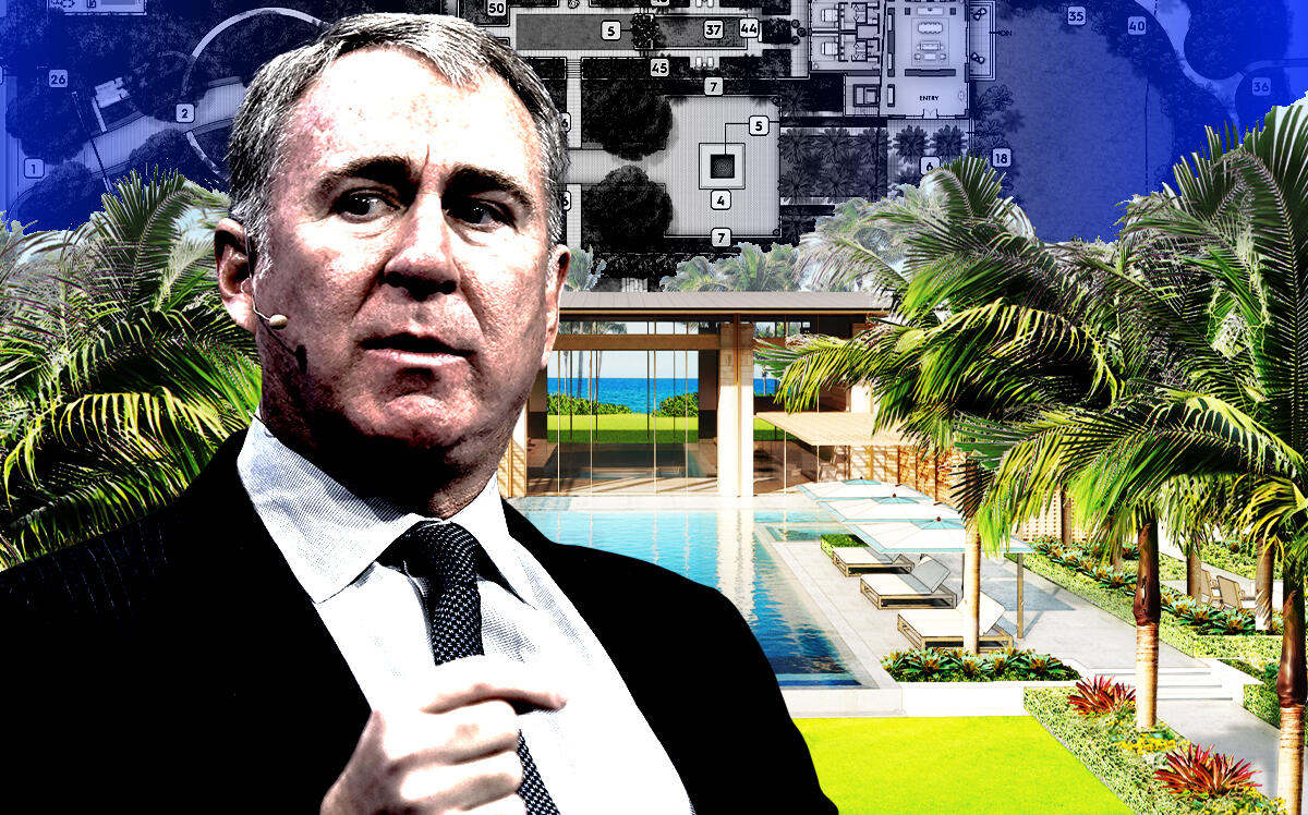 Ken Griffin, CEO of Citadel LLC, along with a rendering of his planned oceanfront estate in Palm Beach (Getty Images, Citadel LLC, iStock)