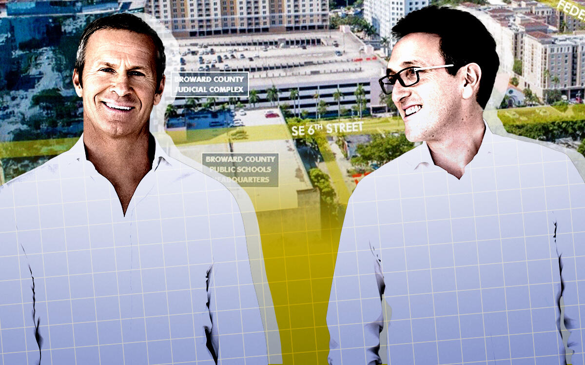 OKO Group's Vlad Doronin and Cain International’s Jonathan Goldstein along with the development site at 629 Southeast Fifth Avenue in Fort Lauderdale (OKO Group, Cain International, LoopNet, iStock)