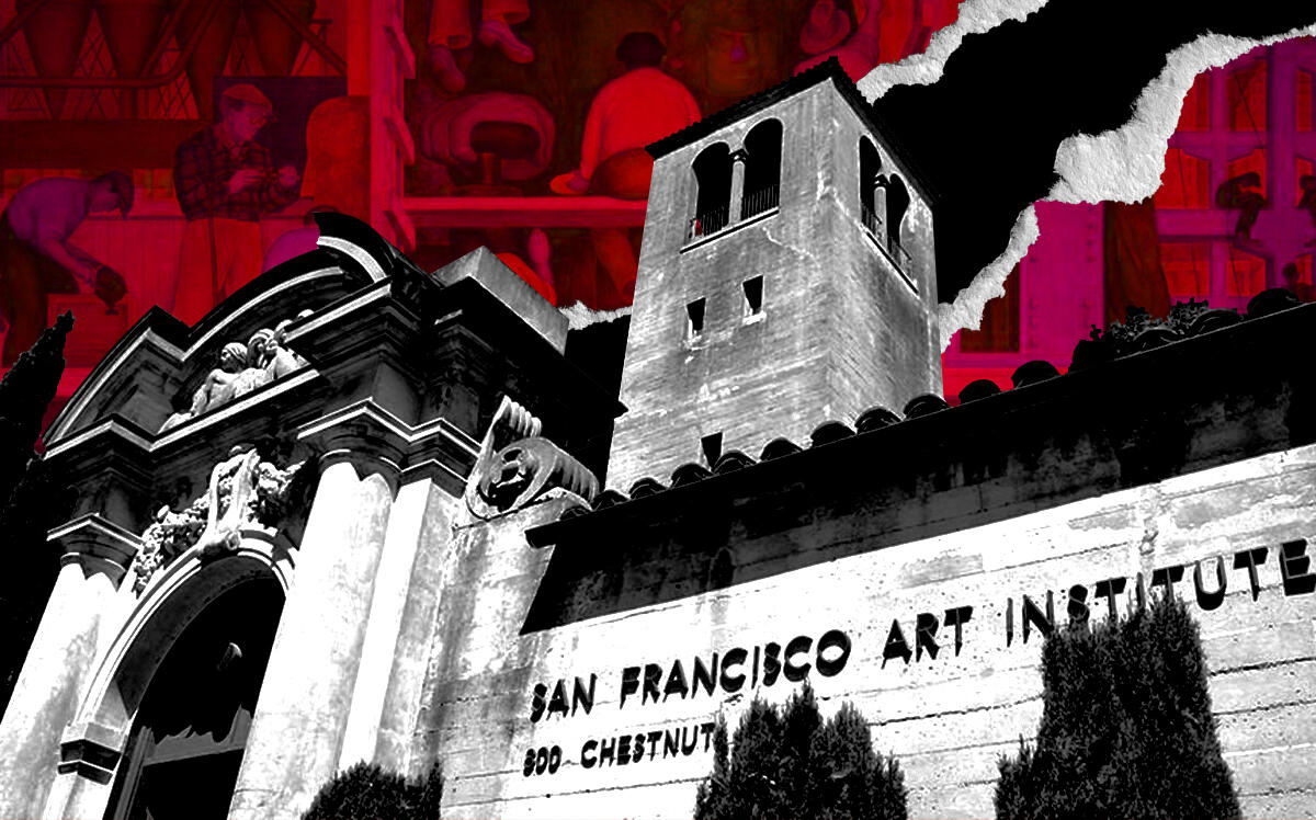 A photo illustration of the San Francisco Art Institute at 800 Chestnut Street, as well as its famous Diego Rivera mural (SFAI, Getty)