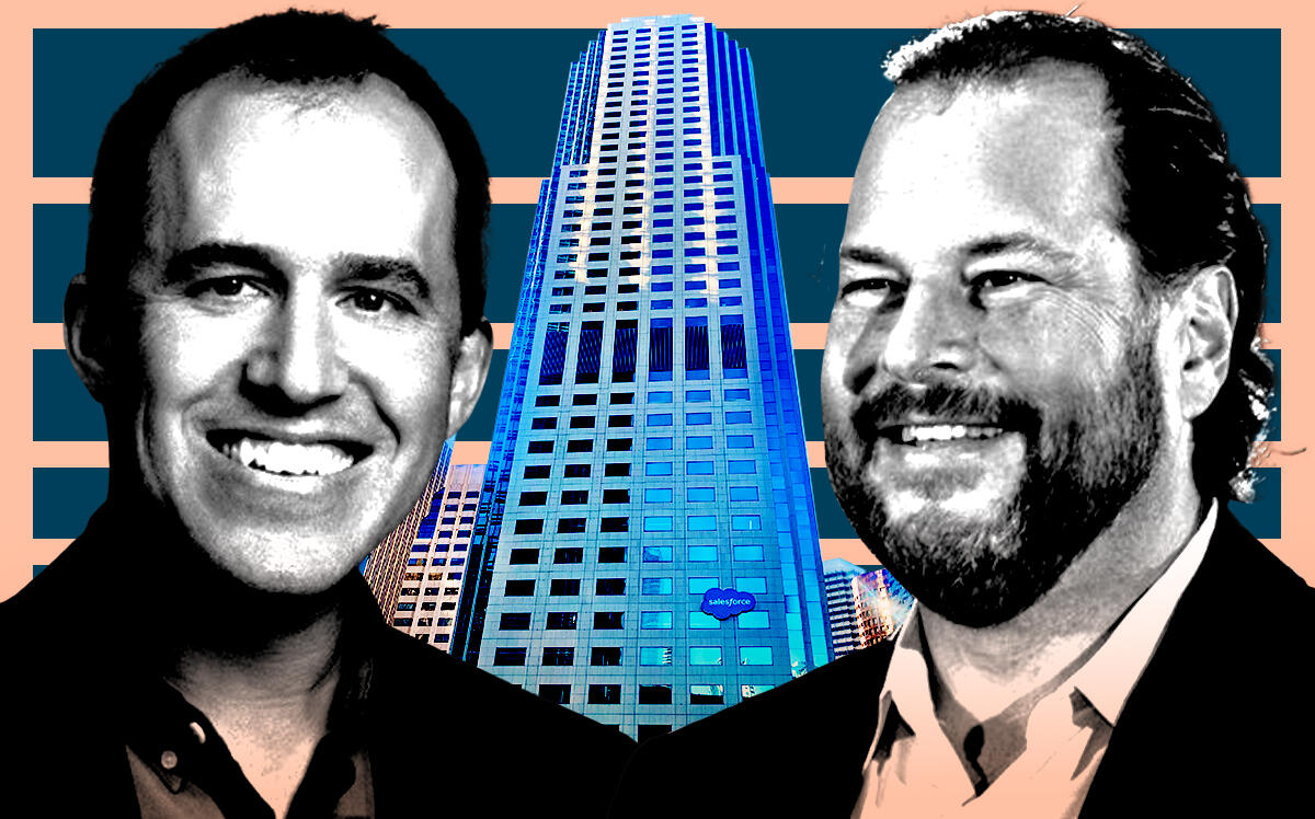 From left: Salesforce co-CEOs Bret Taylor and Marc Benioff along with Salesforce West at 50 Fremont Street (Salesforce, Dead.rabbit, CC BY-SA 4.0/via Wikimedia Commons, iStock)