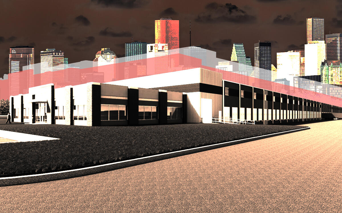 A rendering of the first spec truck terminal at Houston’s TGS Cedar Port Industrial Park superimposed on the Houston skyline (NAI Partners, iStock)