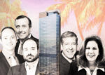 Rendering of 830 Brickell office tower; Cushman & Wakefield's Brian Gale, JLL's Manny De Zárraga, Avison Young's Donna Abood, Dwntwn Realty Advisors' Tony Arellano and Stephen Rutchik. (Credit: OKO Group and Cain International, JLL, CW, Dwntwn Realty Advisors, Cushman & Wakefield, Avison Young, Getty, 830 Brickell)