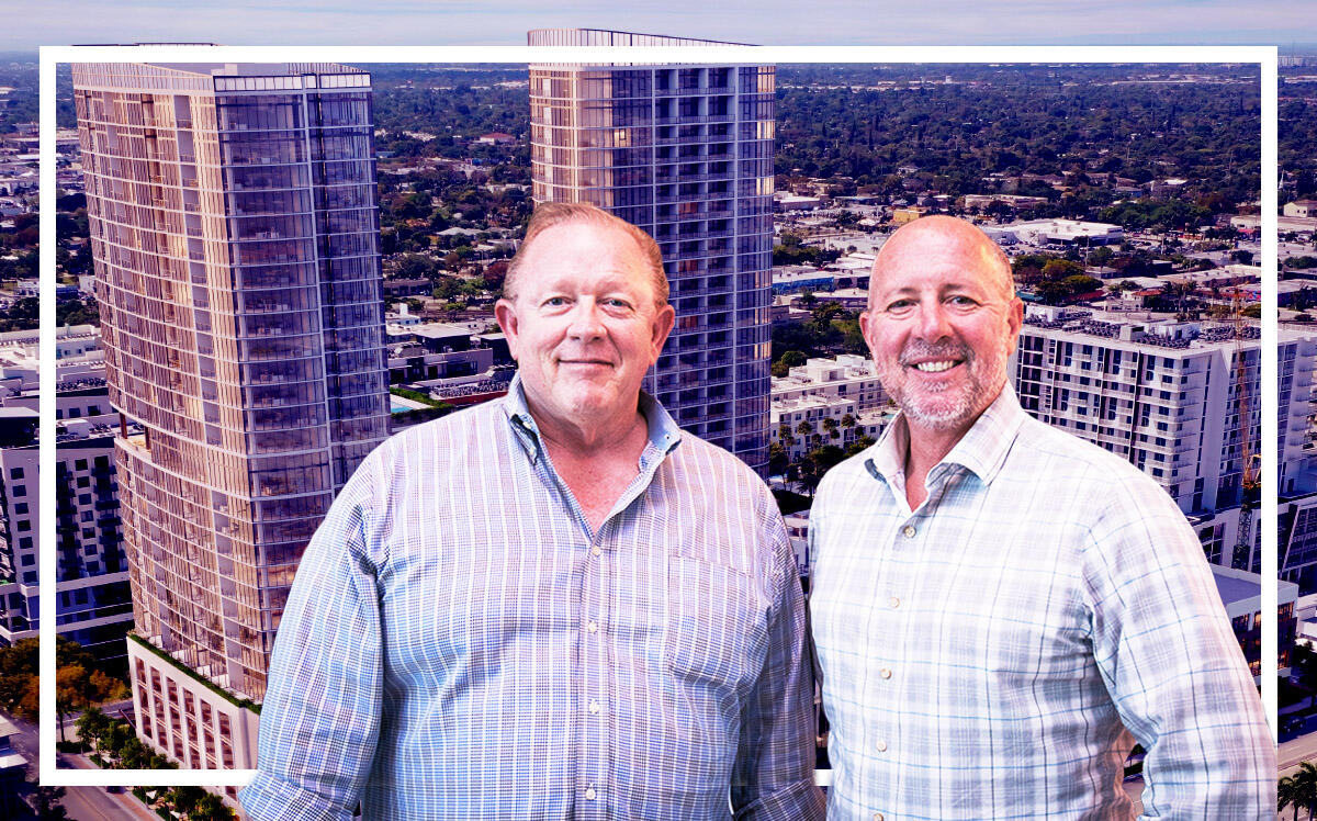 Steven Hudson and Charles Ladd with rendering of 30-story, 320-unit apartment tower in Fort Lauderdale’s Flagler Village (SB Architects)