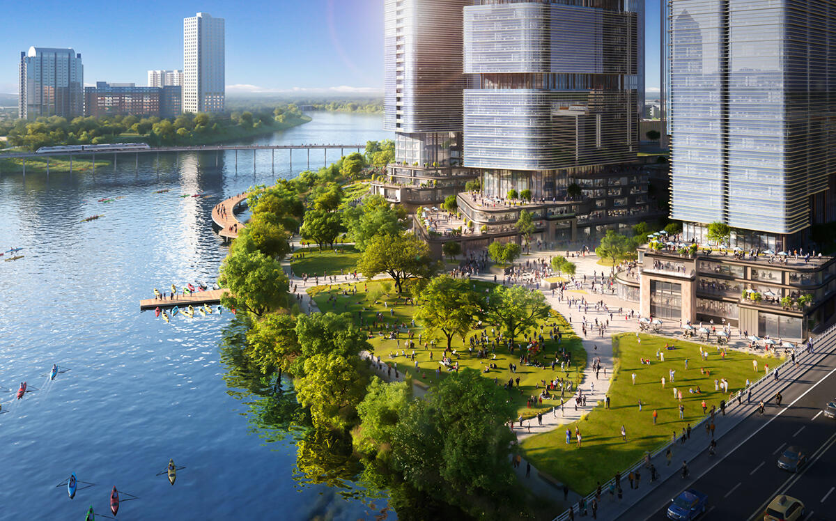 A rendering of the 305 South Congress development plans for Austin’s southern waterfront (Skidmore Owings & Merrill)