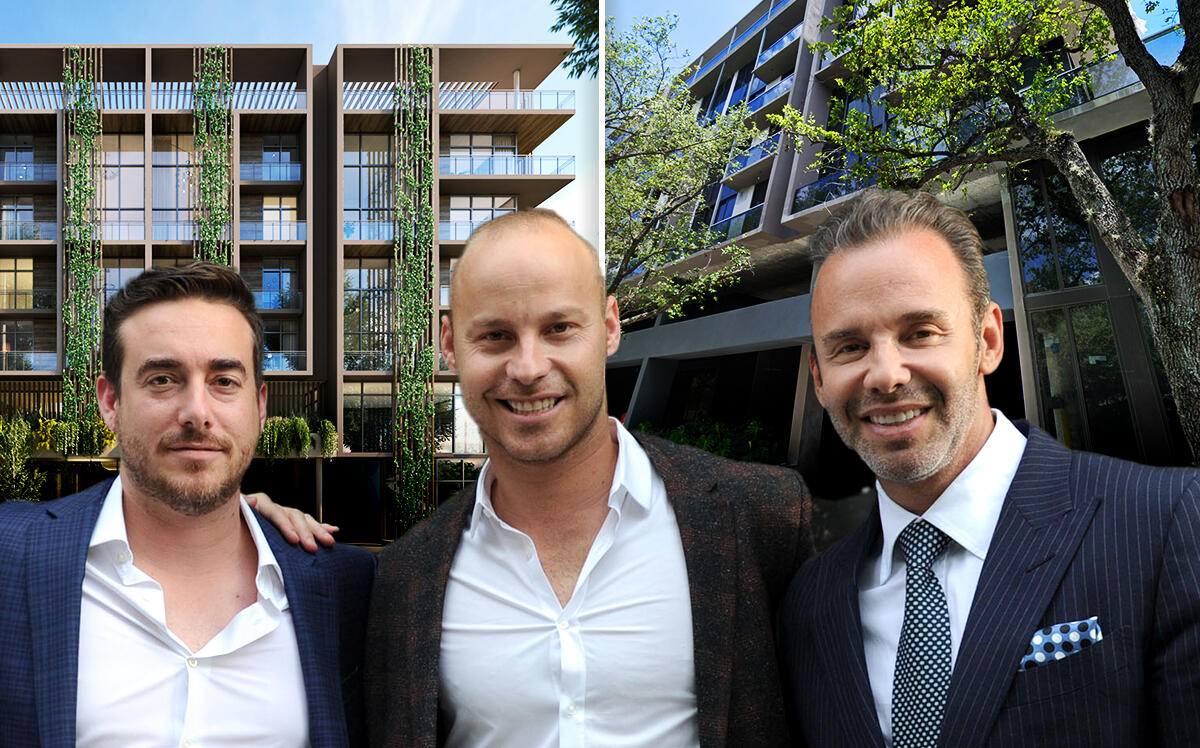 A rendering of the project + a Google street view of the building at 3034 Oak Avenue and  (L-R) Developers Nick Hamann and Jeremy Wacks, with Douglas Elliman’s Jay Parker (Google Maps)