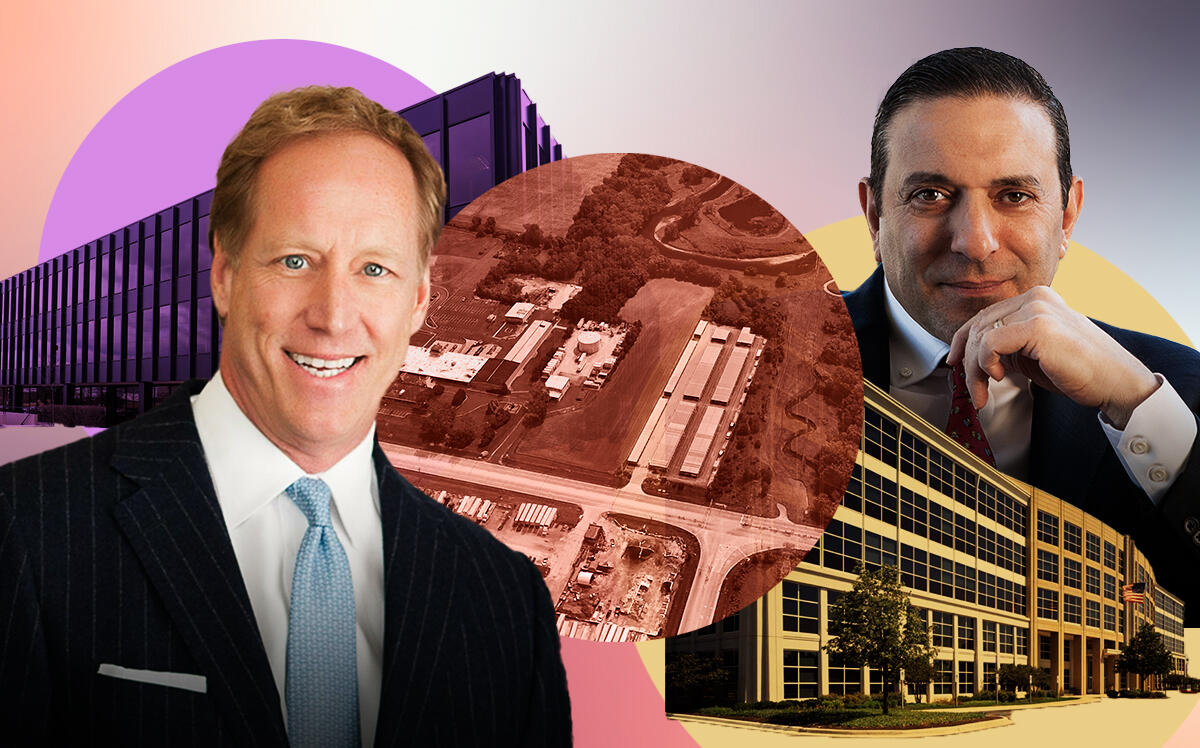 Workspace Property Trust's Thomas Rizk and Roger Thomas with 1501 North Division Street in Plainfield, 2200-2222 Kensington Court in Oak Brook and 4 Parkway North Boulevard in Deerfield (Workspace Property Trust, Google Maps, Loopnet, Getty)