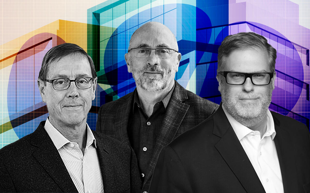 Pappageorge Haymes Partners' David Haymes, HP Architecture's Jim Plunkard and BKL Architecture's Thomas Patrick Kerwin (Pappageorge Haymes, HP Architecture, BKL Architecture, Illustration by Priyanka Modi for The Real Deal with Getty)