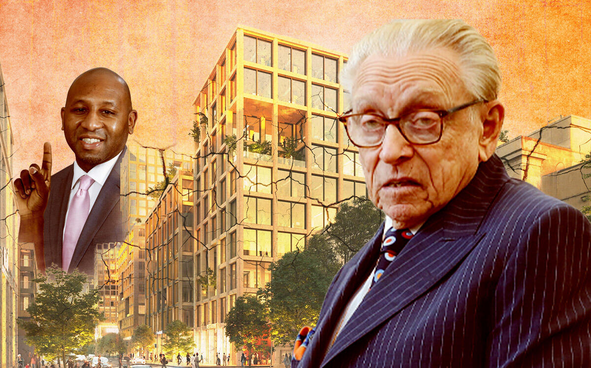 Queens official Donovan Richards, Larry Silverstein and rendering of Innovation QNS (Queens Borough President, Innovation QNS, Getty)