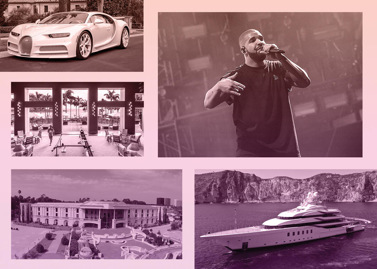 Clockwise from top left: a Bugatti Chiron; Drake; a “Madsummer” yacht; Manny Khoshbin’s 70,000-square-foot property; and the Four Seasons Hotel in Lanai