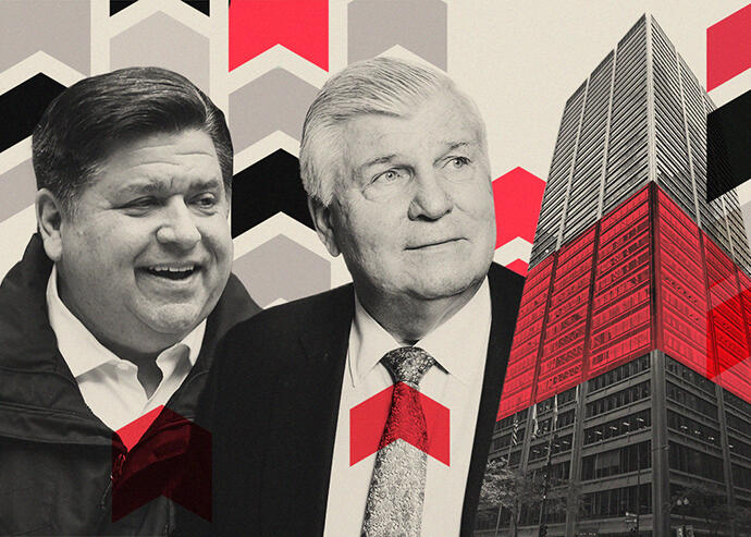 Governor J. B. Pritzker and Mike Reschke with 115 South LaSalle Street (Getty Images, Matt Haas, LoopNet)
