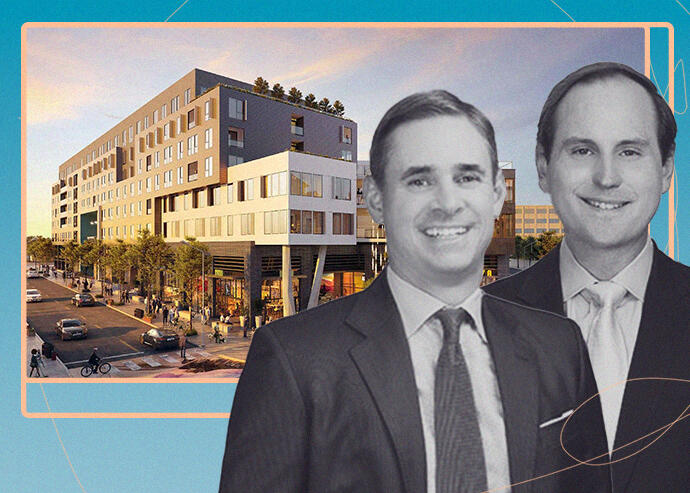 Cityview's Sean Burton and Adam Perry with rendering of 6136 West Manchester Avenue (Cityview, AC Martin)