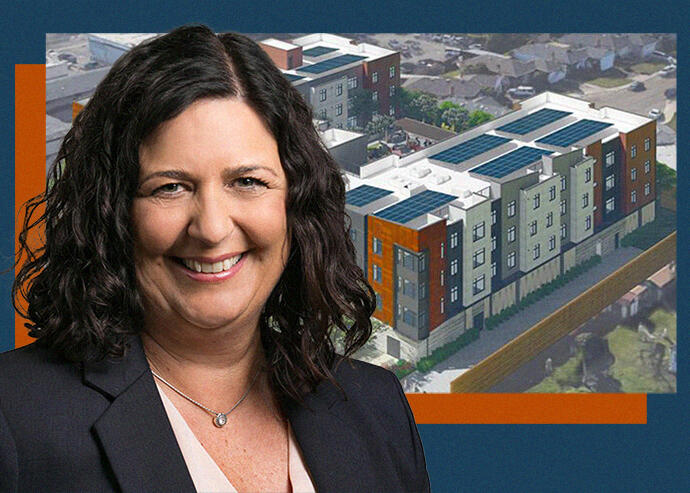 Abode's Holly Benson with rendering Washington Avenue Apartments (Housing California, Abode Communities)