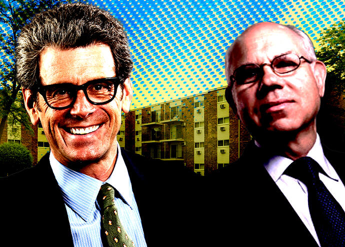 From left: Empire State Realty Trust's Tony Malkin and F&F Realty's David Friedman in front of Glen Oaks Commons at 9700 Sumac Road in Des Plaines (ESRT, F&F Realty, Apartments.com, Getty Images)