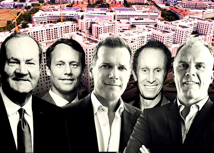 From left: Hines' Jef­frey Hines and Alfonso Munk; Nolan Reynolds International’s Charles Nolan Jr.; 54 Madison Partners’ CEO Henry Silverman; Nolan Reynolds International’s Brent Reynolds; and the Gables Station at 235 and 237 South Dixie Highway in Coral Gables (Hines, Getty Images, Nolan Reynolds International, Gables Station Miami)