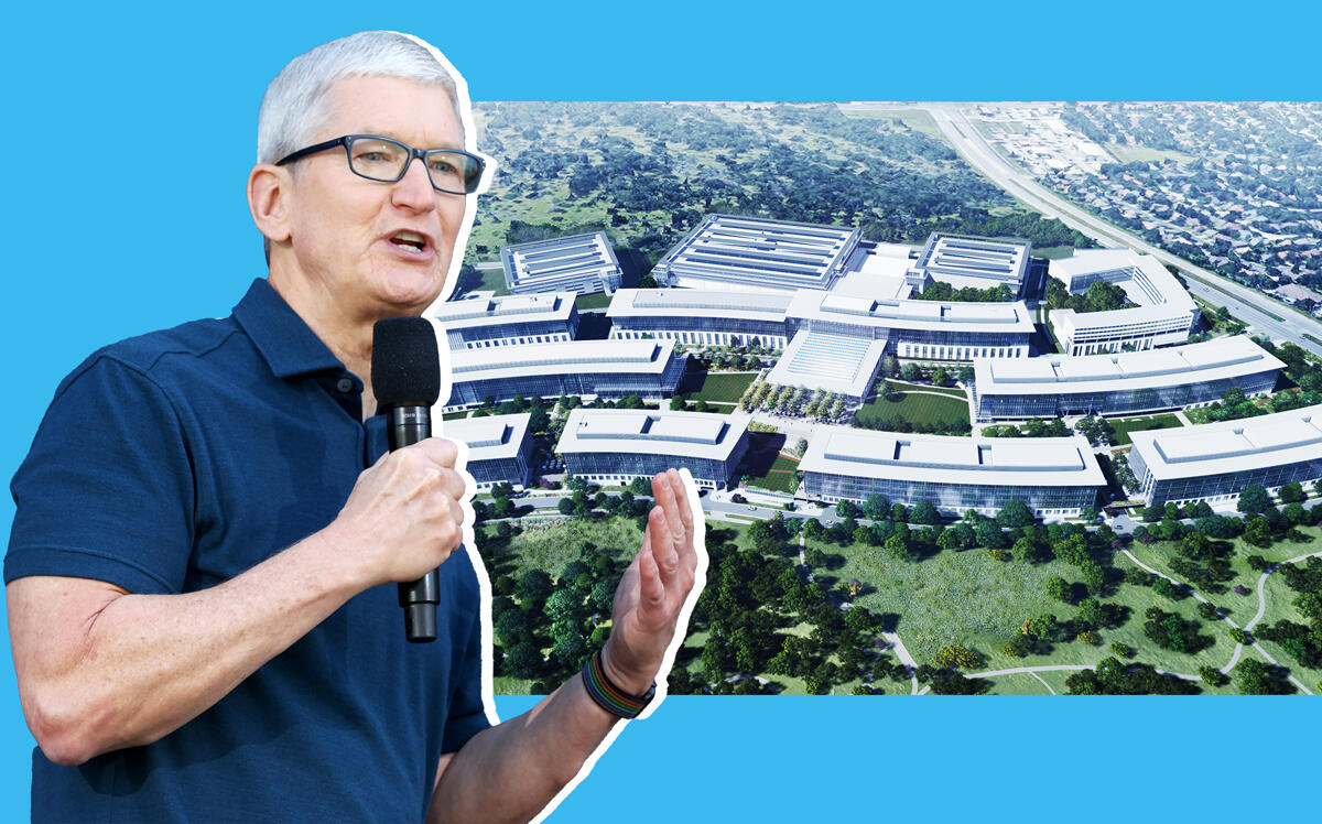 Apple CEO Tim Cook and a rendering of Apple's Austin Campus (Getty, Apple)