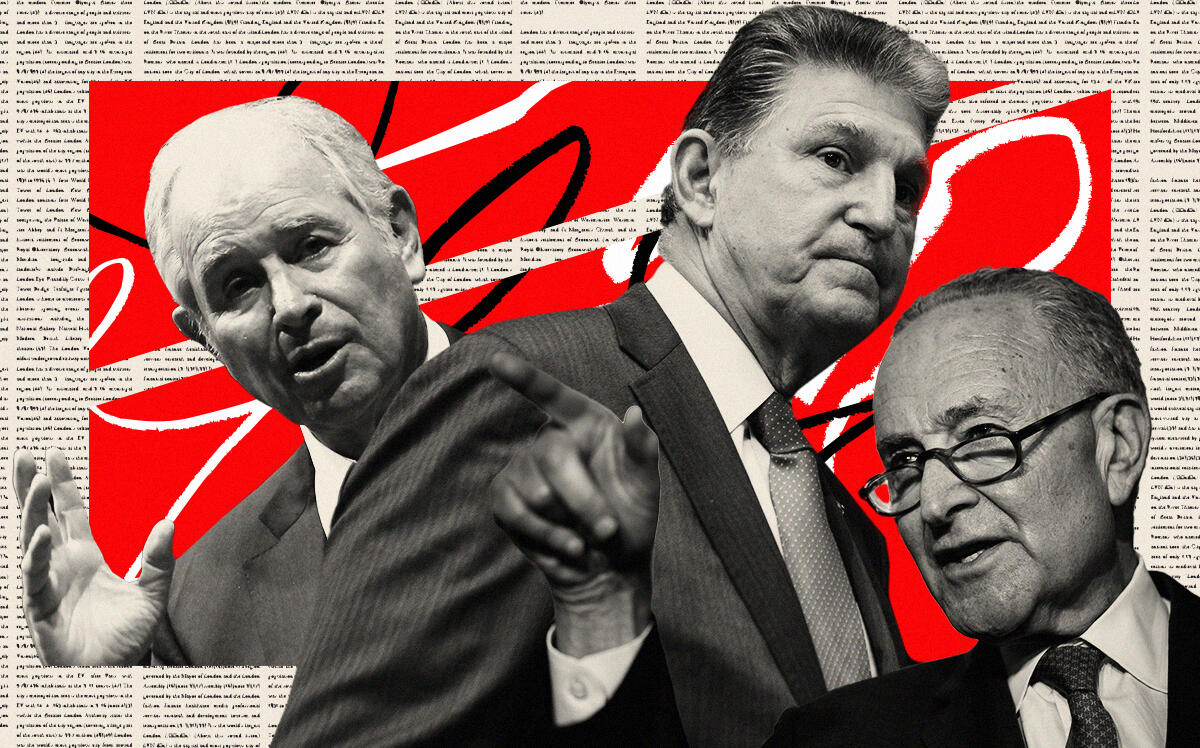 Stephen Schwarzman, Senator Joe Manchin, and Senate Majority Leader Charles Schumer (Illustration by The Real Deal with Getty Images)