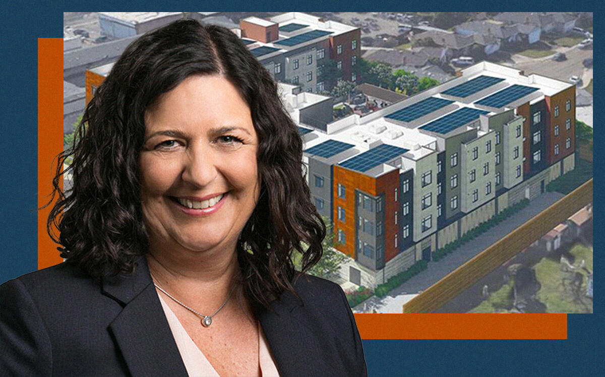 Abode's Holly Benson with rendering Washington Avenue Apartments (Housing California, Abode Communities)