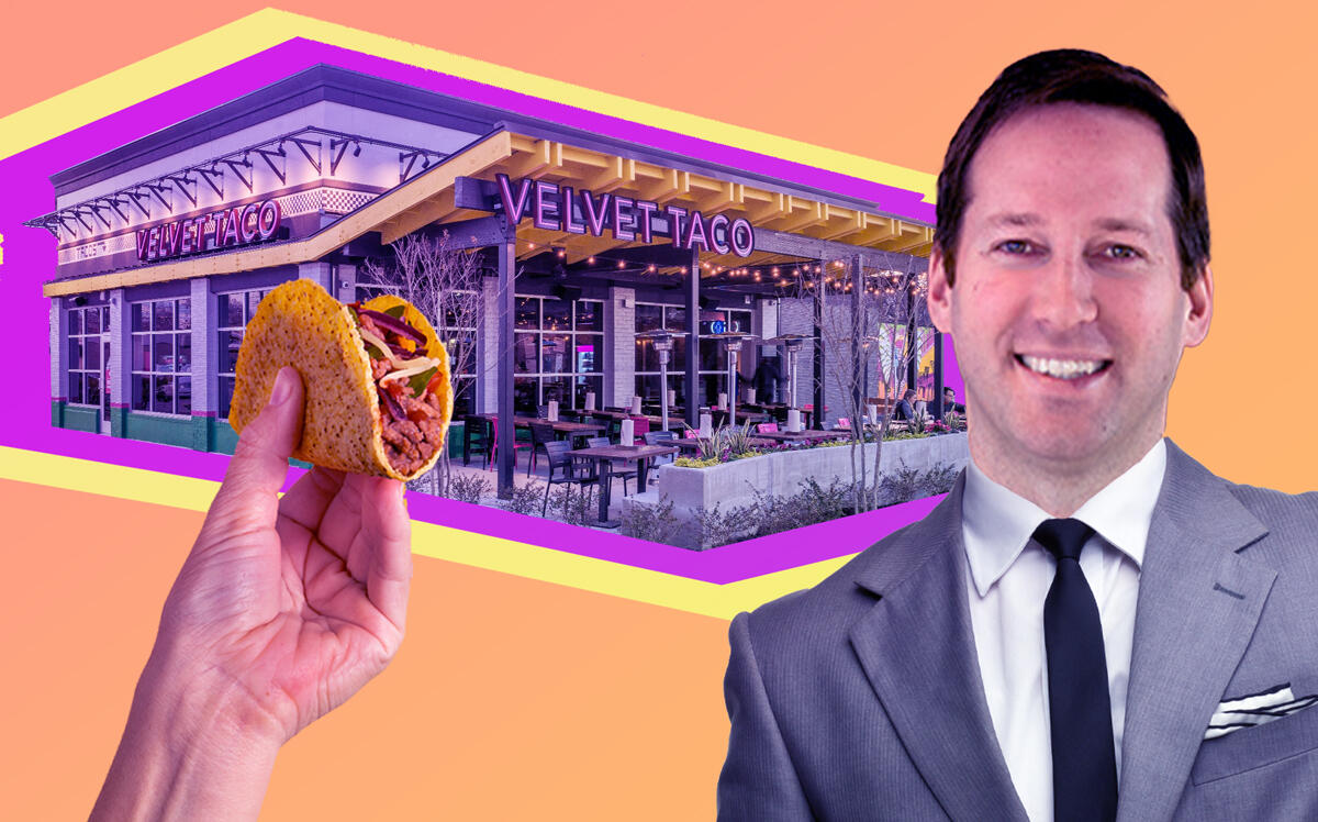 Illustration of Kimco Realty Corporation's Conor Flynn and a Velvet Taco storefront (Getty, Kimco, Velvet Taco)