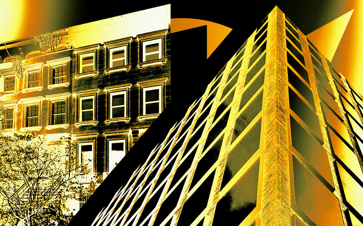 A photo illustration of One John Street (left) and 79 Second Place (right) in Brooklyn (Douglas Elliman, Front Inc., Getty Images)