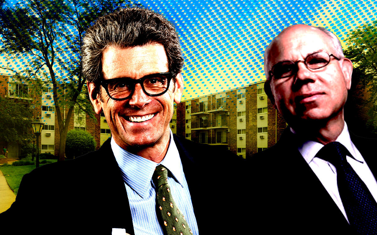 From left: Empire State Realty Trust's Tony Malkin and F&F Realty's David Friedman in front of Glen Oaks Commons at 9700 Sumac Road in Des Plaines (ESRT, F&F Realty, Apartments.com, Getty Images)