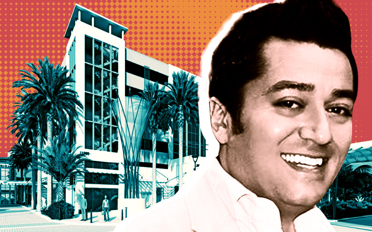 Gatsby FL president Babak Ebrahimzadeh and a rendering of 11200 RCA Center Drive in Palm Beach Gardens (LinkedIn/Babak Ebrahimzadeh, Gatsby FL, Getty Images)
