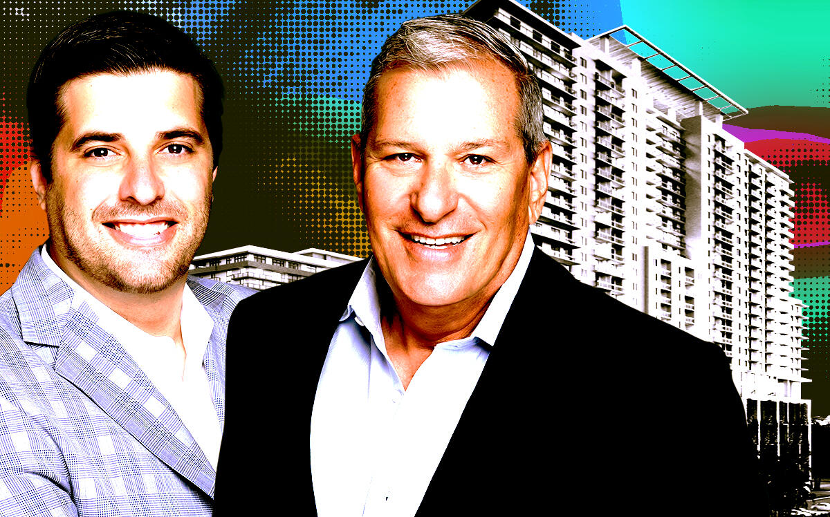 The Estate Companies’ principal Jeffrey Ardizon and managing principal Robert Suris along with a rendering of Soleste on the Bay (Form Group, The Estate Companies, Getty Images)