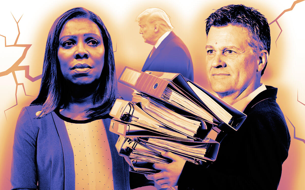 From left: Letitia James, Donald Trump and Brett White (Photo Illustration by Steven Dilakian for The Real Deal with Getty Images)